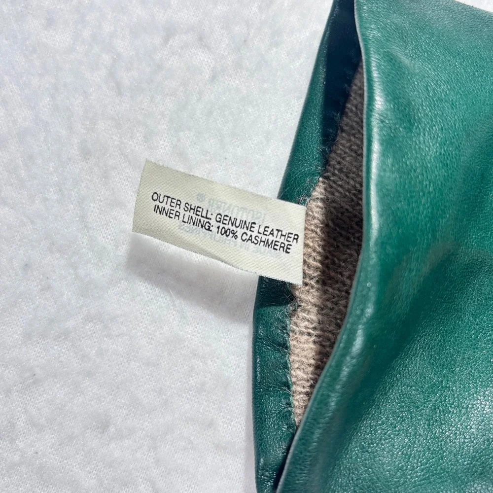 VTG Isotoner Gloves Green Leather Cashmere Winter Luxury Women Sz 8 Medium Large - Picture 7 of 8
